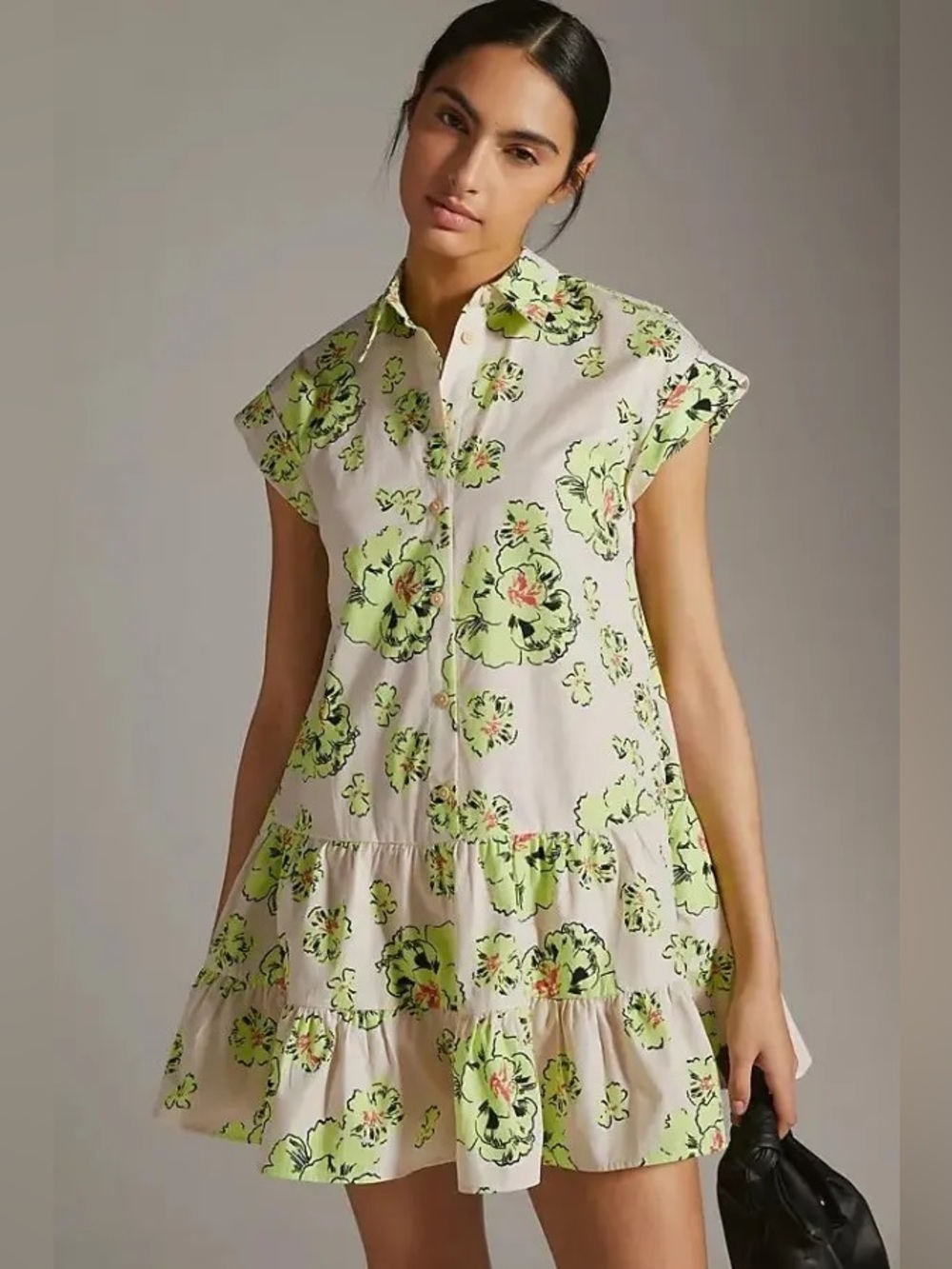 Maeve Anthropologie Floral Tiered Mini Shirt Dress Small Green Pink Cotton